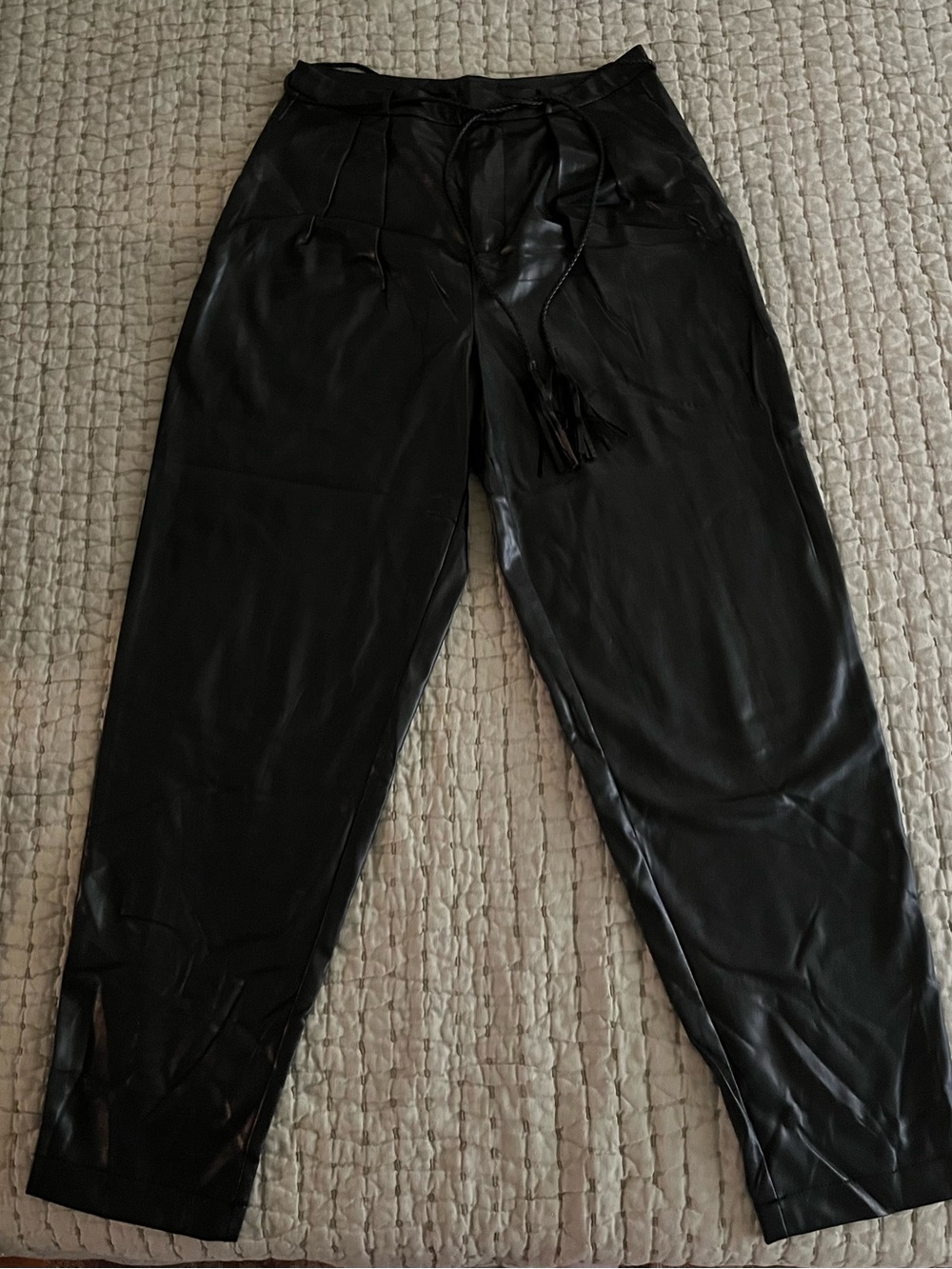 MOTHER Black Faux Leather Tapered Pants with Tassel Belt
